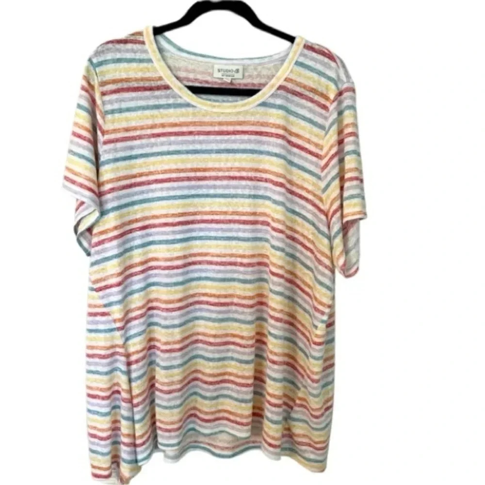 Studio B By Bobeau Women's Short Sleeve Crew Neck Multicolored Stripe Sz 3X GUC